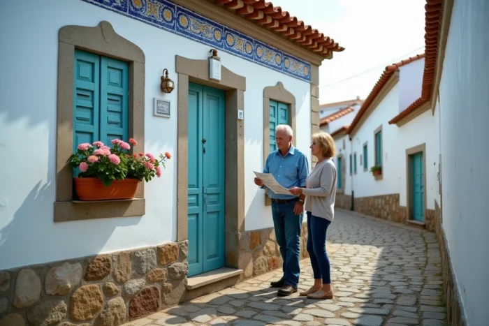 Couple inspectant une petite maison de pêcheur traditionnelle à vendre au Portugal, façade blanche avec carreaux azulejos bleus et volets en bois turquoise dans une ruelle côtière pavée