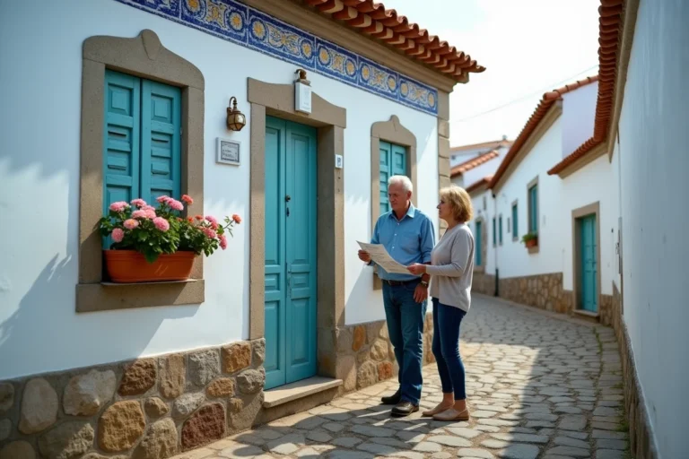 Couple inspectant une petite maison de pêcheur traditionnelle à vendre au Portugal, façade blanche avec carreaux azulejos bleus et volets en bois turquoise dans une ruelle côtière pavée