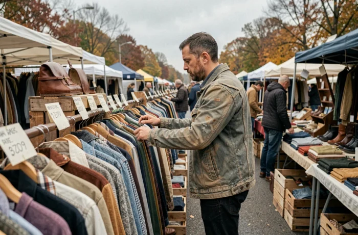 Homme faisant du shopping dans un marché aux puces pour consommer de manière responsable et durable