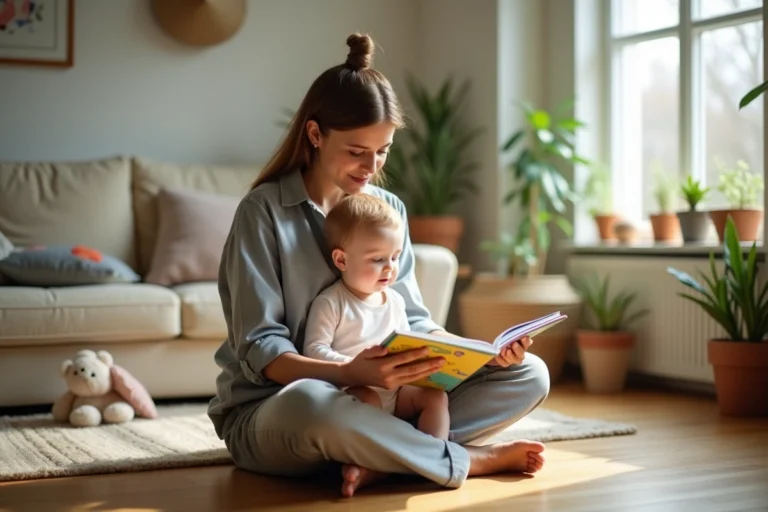 Jeune mère lisant un livre illustré à son tout-petit sur le plancher d'un salon familial chaleureux