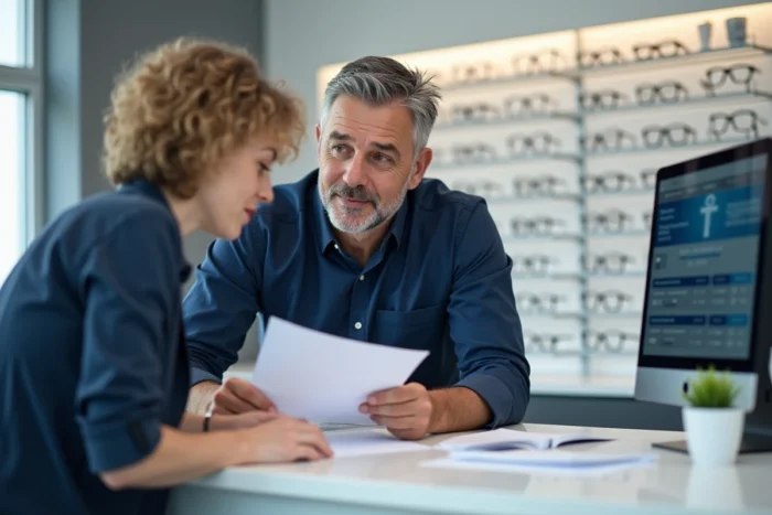 Opticien expliquant le fonctionnement du tiers payant à un client en boutique