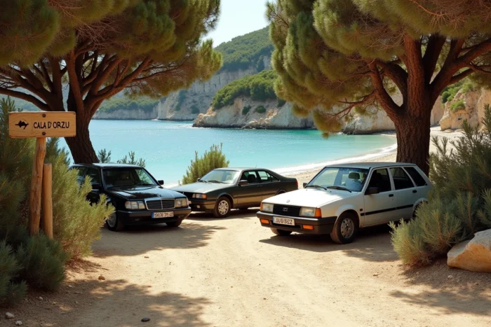 Parking de Cala d'Orzu en Corse avec panneau indicateur et voitures garées sous les chênes-lièges