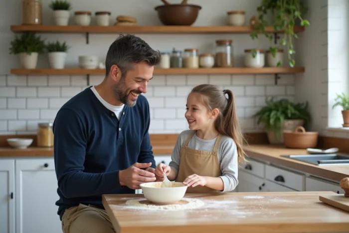 Père et fille cuisinant ensemble dans une cuisine familiale moderne, partageant un moment de complicité