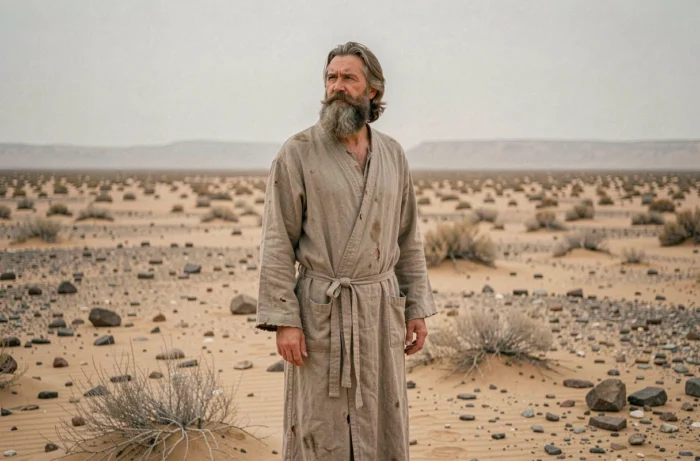 Personnage mystérieux à la barbe longue en robe de lin dans un désert aride, évoquant la série annulée Messiah sur Netflix