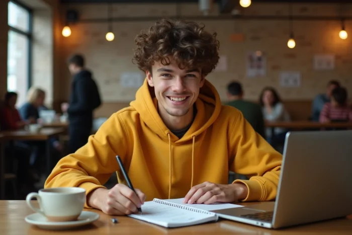 Jeune personne dans un café consultant un ordinateur portable pour récupérer un code d'enquête Ecostart