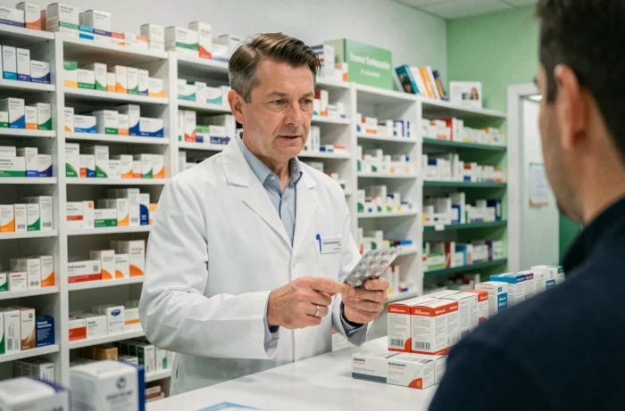 Pharmacien conseillant un patient sur l'association de médicaments comme le Doliprane et l'Aerius dans une pharmacie