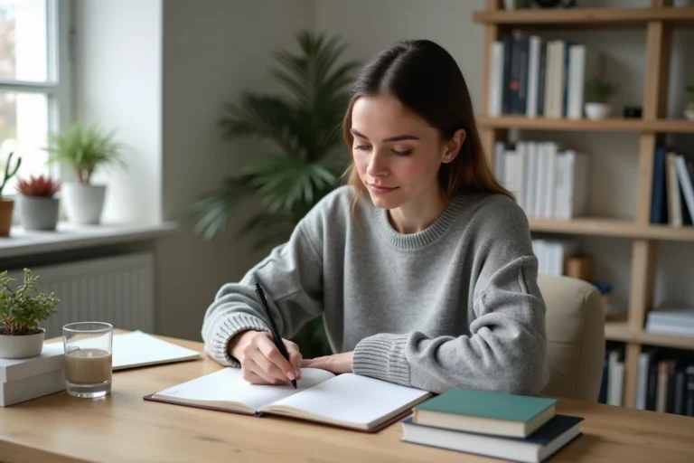 Femme écrivant un plan quotidien dans un carnet pour réussir une baisse des habitudes en 10 jours