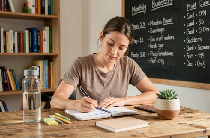 Jeune femme planifiant son budget responsable dans un bureau minimaliste avec des accessoires durables