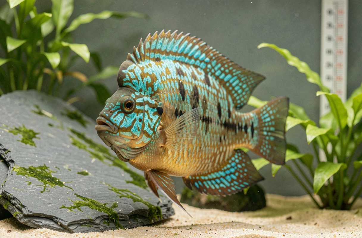 Portrait rapproché d'un cichlidé Flowerhorn aux écailles irisées dans un aquarium soigné