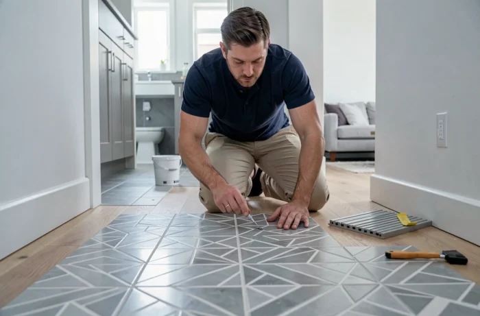 Homme posant des carreaux adhésifs géométriques sur le sol d'un couloir pour rénover son intérieur