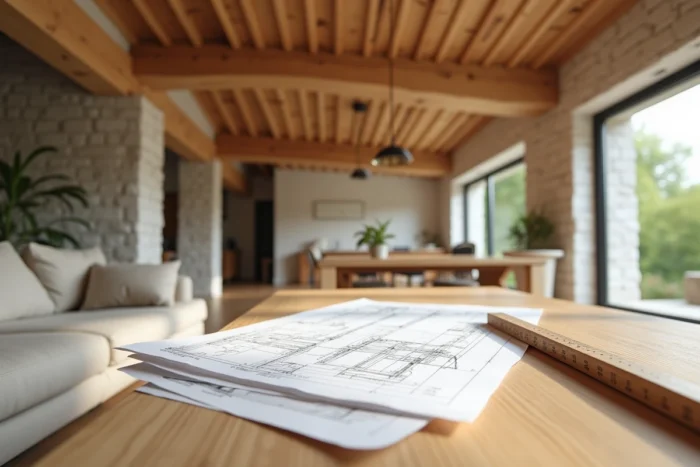 Poutre en bois apparente de 6 mètres dans un séjour contemporain avec plans de dimensionnement au premier plan