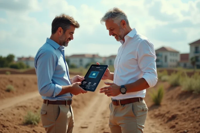 Professionnels de l'immobilier consultant une application de conversion de surface foncière en mètres carrés sur terrain