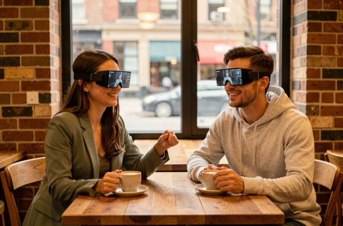 Deux jeunes professionnels portant des lunettes de réalité augmentée dans un café urbain moderne