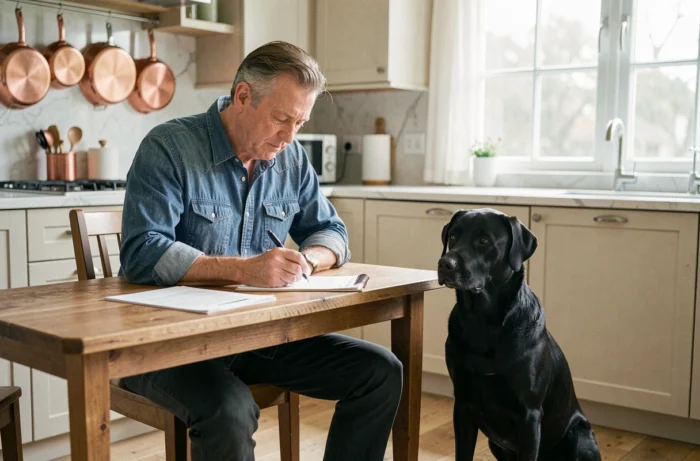 Propriétaire de chien consultant des documents d'assurance animaux à table avec son labrador noir à ses côtés, symbolisant la souscription d'une assurance pour animaux de compagnie