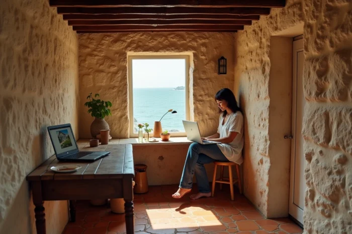 Femme recherchant une maison de pêcheur à vendre au Portugal sur un ordinateur portable dans un intérieur traditionnel avec murs en pierre et carrelage en terre cuite