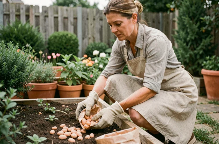 Femme jardiniante récupérant des billes d'argile dans un potager pour les recycler de manière écologique