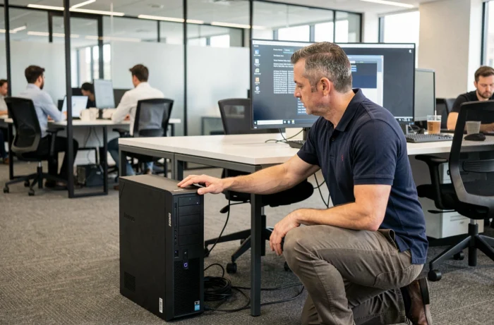 Man die een Lenovo desktopcomputer reset via het BIOS-scherm in een professionele kantooromgeving