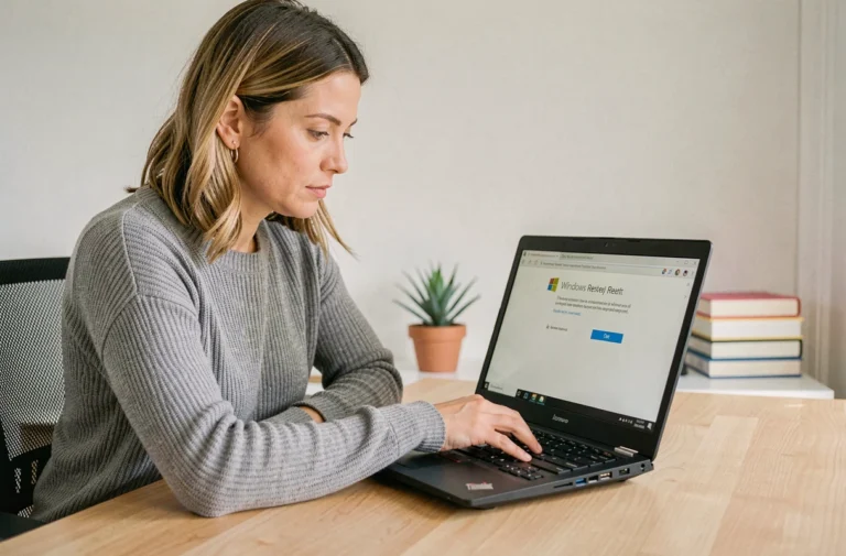 Femme utilisant un ordinateur Lenovo pour accéder au menu de réinitialisation Windows dans un bureau à domicile