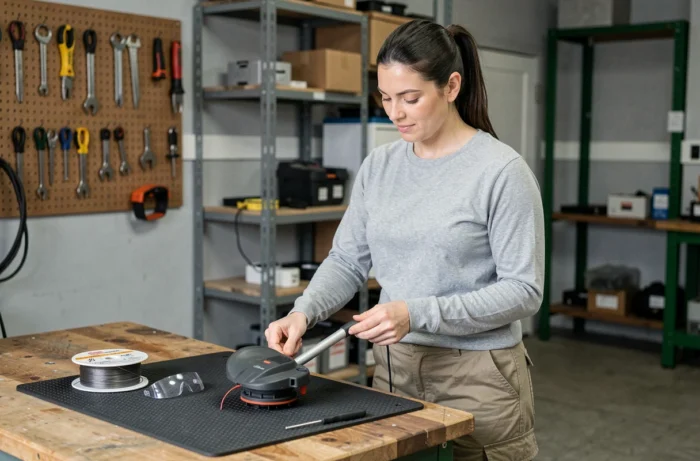 Vrouw vervangt de draad van een kantenmaaier op een werkbank in een garage