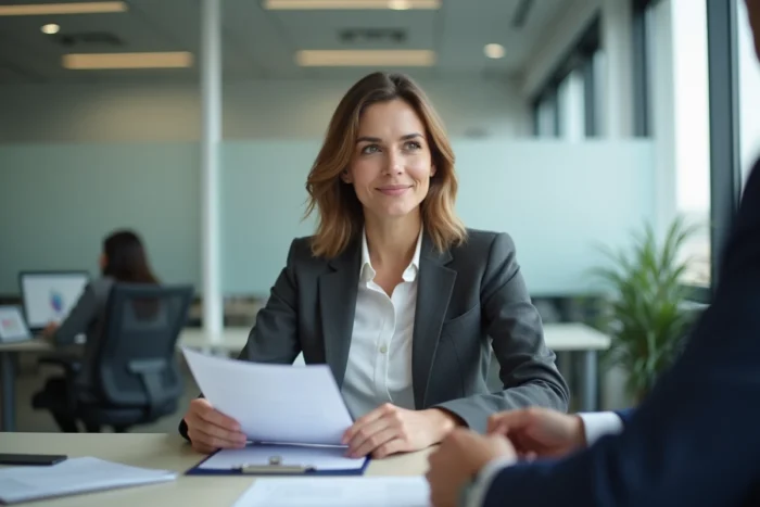 Femme en rendez-vous avec un conseiller en assurance pour évaluer sa responsabilité civile