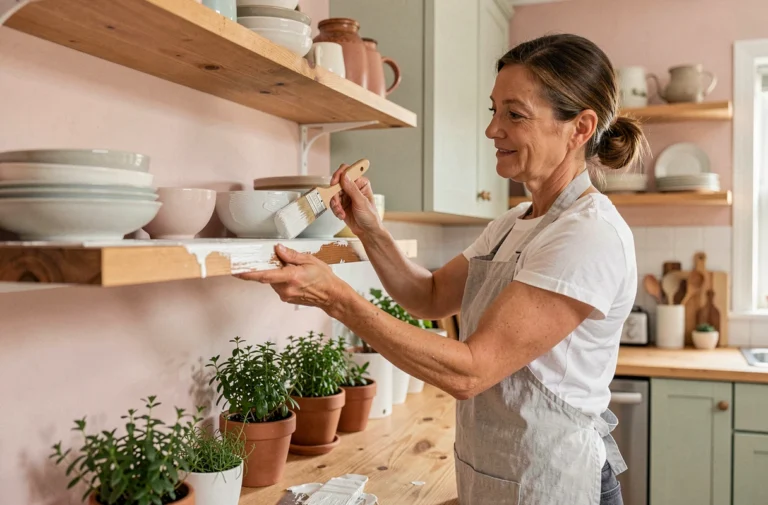 Femme appliquant de la peinture blanche sur une étagère en bois dans une cuisine rénovée, conseils bricolage maison