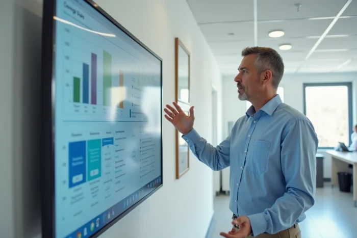 Responsable de clinique vétérinaire multi-sites présentant les fonctionnalités d'un tableau de bord de gestion sur écran