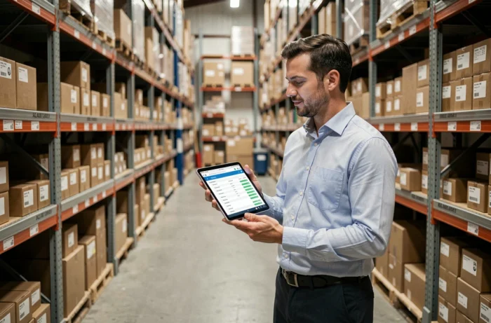 Responsable logistique en entrepôt consultant un logiciel de gestion des stocks ERP sur tablette numérique
