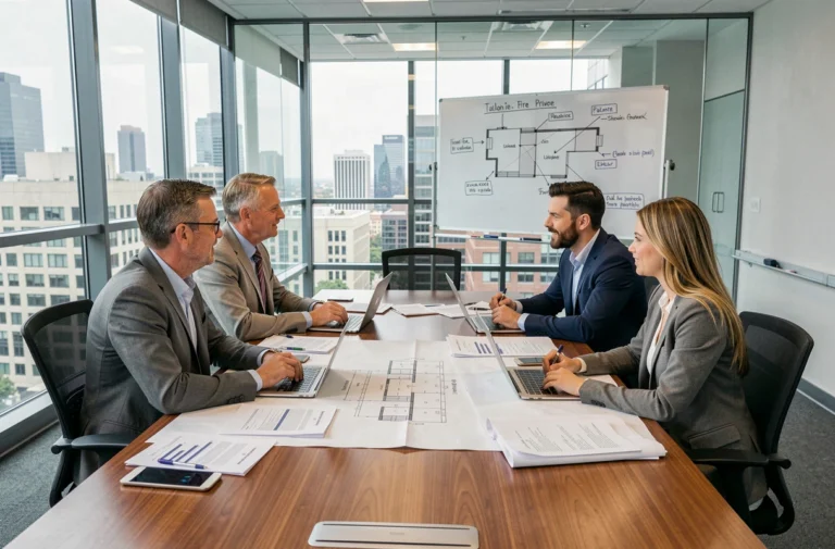 Réunion de professionnels autour d'une table de conférence dans une société d'économie mixte discutant de projets urbains et financiers