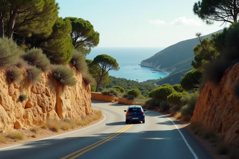 Route côtière sinueuse en Corse menant vers Cala d'Orzu depuis Ajaccio, traversant le maquis