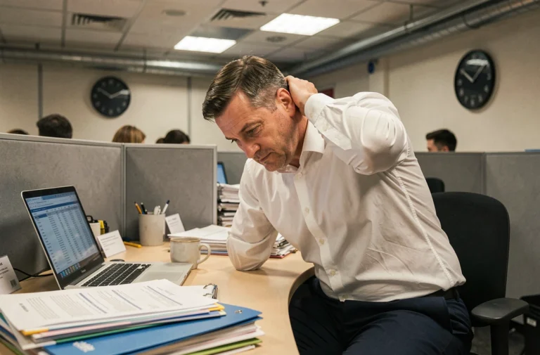Salarié français épuisé après une journée de travail de 12 heures dans un bureau encombré de dossiers