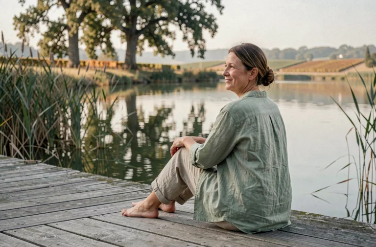 Femme en détente assise sur un ponton en bois au bord d'un lac calme près de Bordeaux, entourée de roseaux et de reflets d'arbres dans l'eau