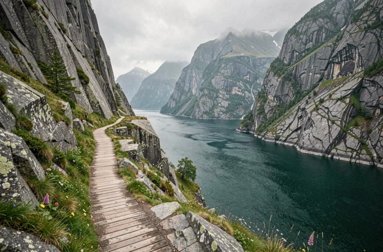 Sentier de randonnée longeant un fjord norvégien avec falaises de granite et eau émeraude