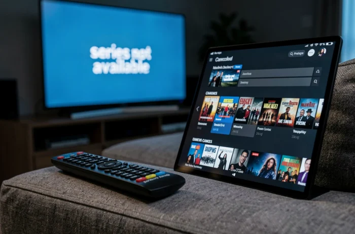 Télécommande posée sur un canapé devant un écran Netflix affichant un message de série annulée, illustrant l'annulation de Messiah saison 2