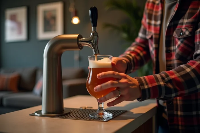 Homme servant une bière pression artisanale depuis un fût panaché sur une machine à bière moderne en soirée