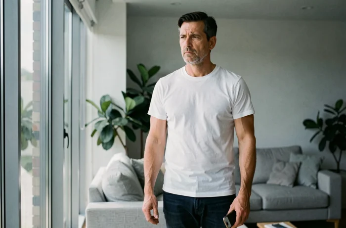 Homme adulte debout près d'une fenêtre, regard perdu dans le vide, illustrant les symptômes de distraction et d'agitation mentale associés au TDAH
