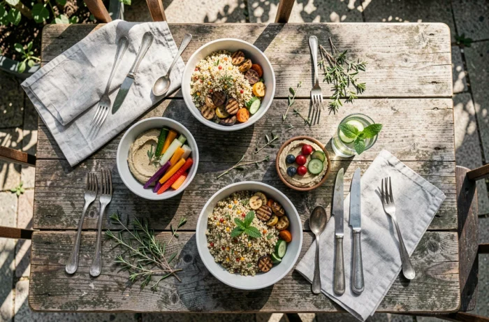 Table extérieure rustique avec des plats légers et sains, quinoa, légumes rôtis et eau infusée