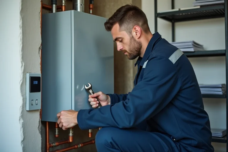 Technicien inspectant une chaudière à gaz murale dans un appartement bruxellois en 2025