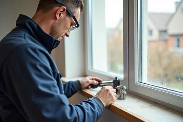 Technicien inspectant un double vitrage installé dans une maison en rénovation, illustrant la réglementation obligatoire 2026