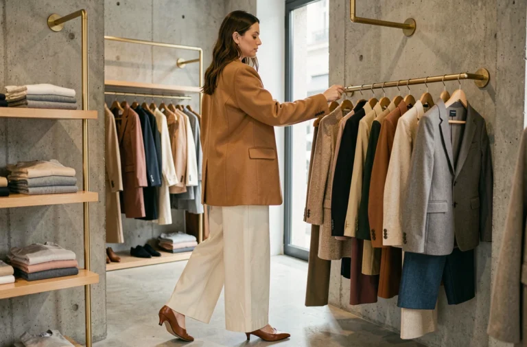 Femme élégante en blazer camel feuilletant des vêtements tendance dans une boutique de mode parisienne minimaliste