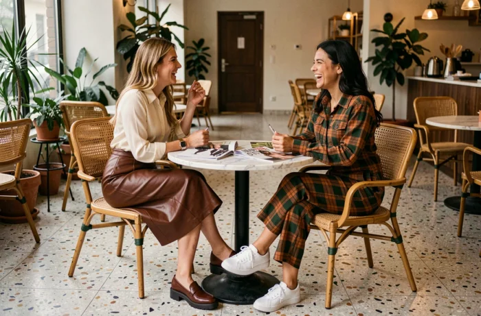 Deux femmes habillées selon les dernières tendances mode discutant autour d'une table en marbre dans un café contemporain