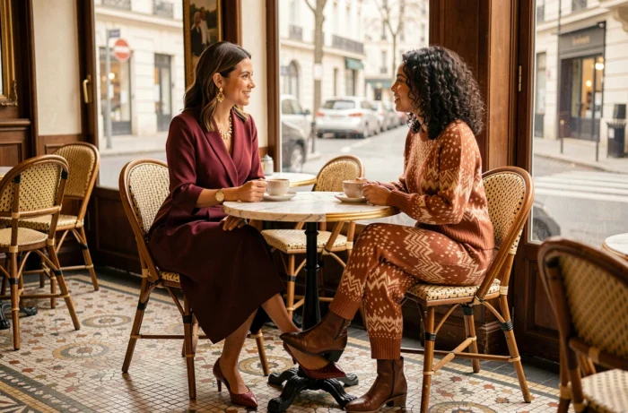 Deux femmes stylées en tenues tendance de saison — robe bordeaux et co-ord en maille terracotta — discutant dans un café parisien chic