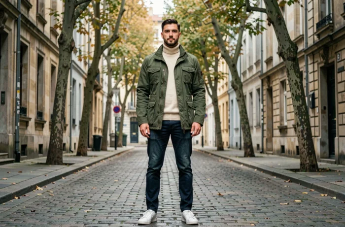 Homme élégamment habillé en veste utilitaire verte et jean slim, posant dans une rue pavée européenne reflétant les tendances mode automnales