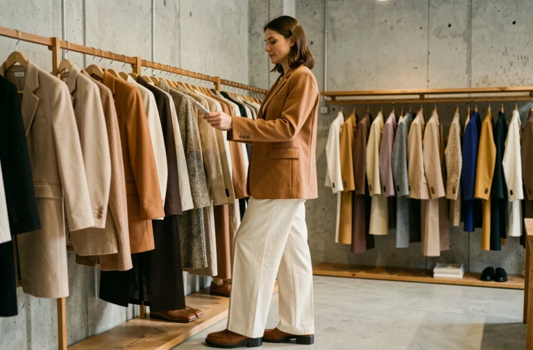 Femme élégante en blazer camel oversize explorant les tendances mode de la saison dans une boutique parisienne minimaliste