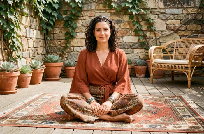 Femme assise en tenue bohème orangée sur un tapis kilim dans une terrasse méditerranéenne rustique