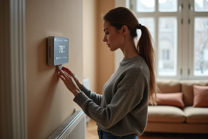 Femme réglant un thermostat intelligent dans un appartement chauffé au gaz à Bruxelles