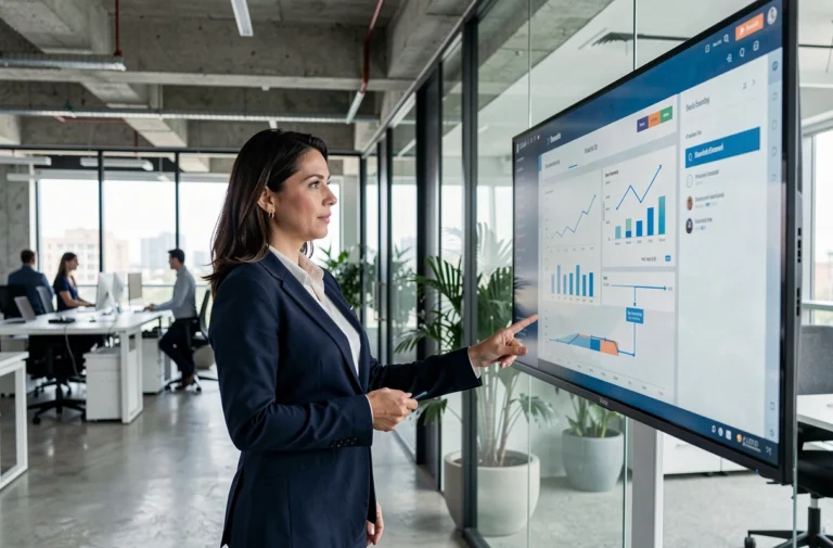 Femme cadre dirigeante présentant un tableau de bord digital lors d'une réunion de transformation numérique en entreprise