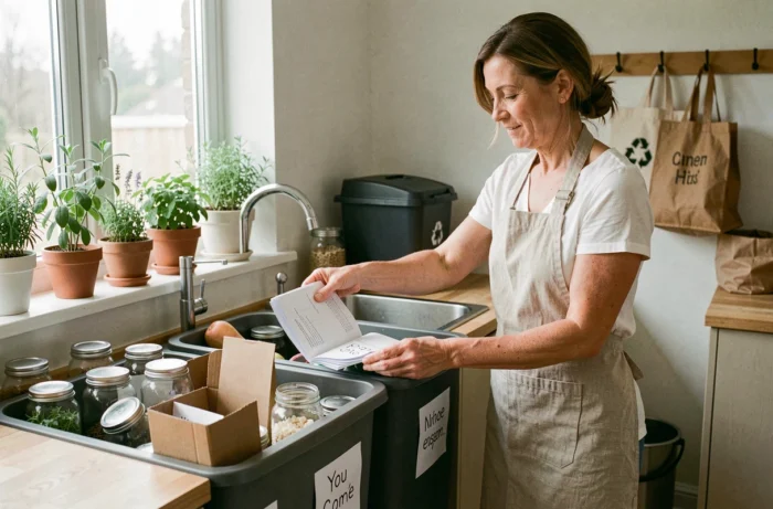 Femme triant ses déchets en cuisine pour adopter un mode de vie zéro déchet au quotidien
