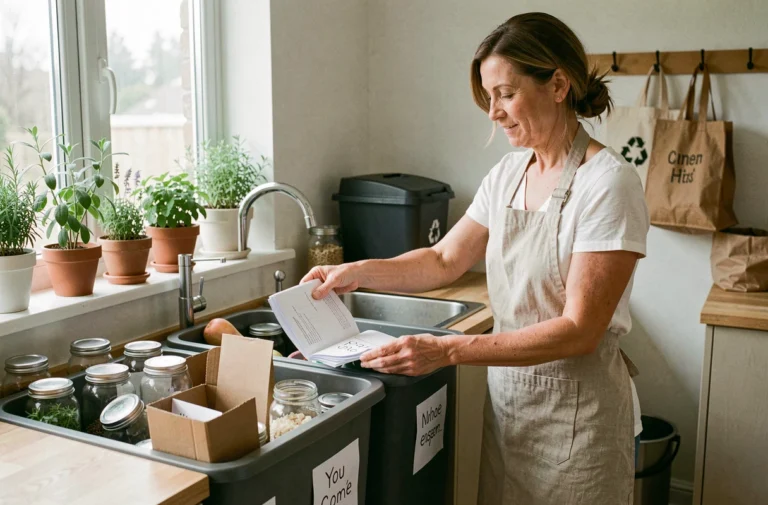 Femme triant ses déchets en cuisine pour adopter un mode de vie zéro déchet au quotidien