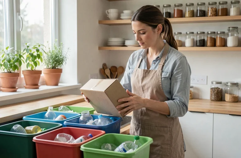Femme triant des déchets recyclables dans une cuisine moderne avec des bacs colorés et des bocaux en verre réutilisables