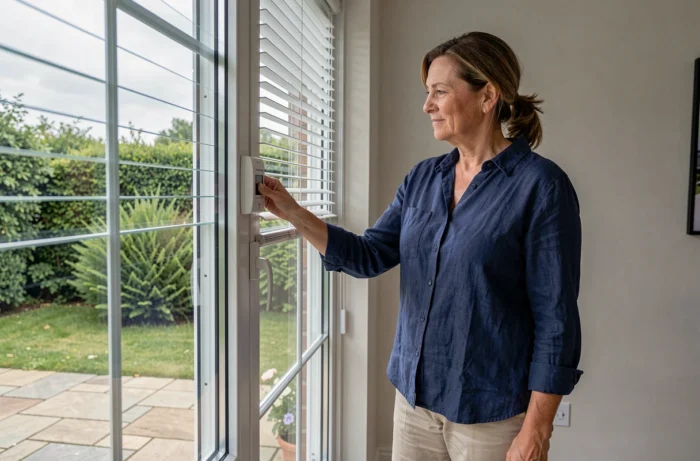 Femme vérifiant le réglage de fin de course d'un volet roulant Bubendorff depuis le tableau de commande mural de son salon